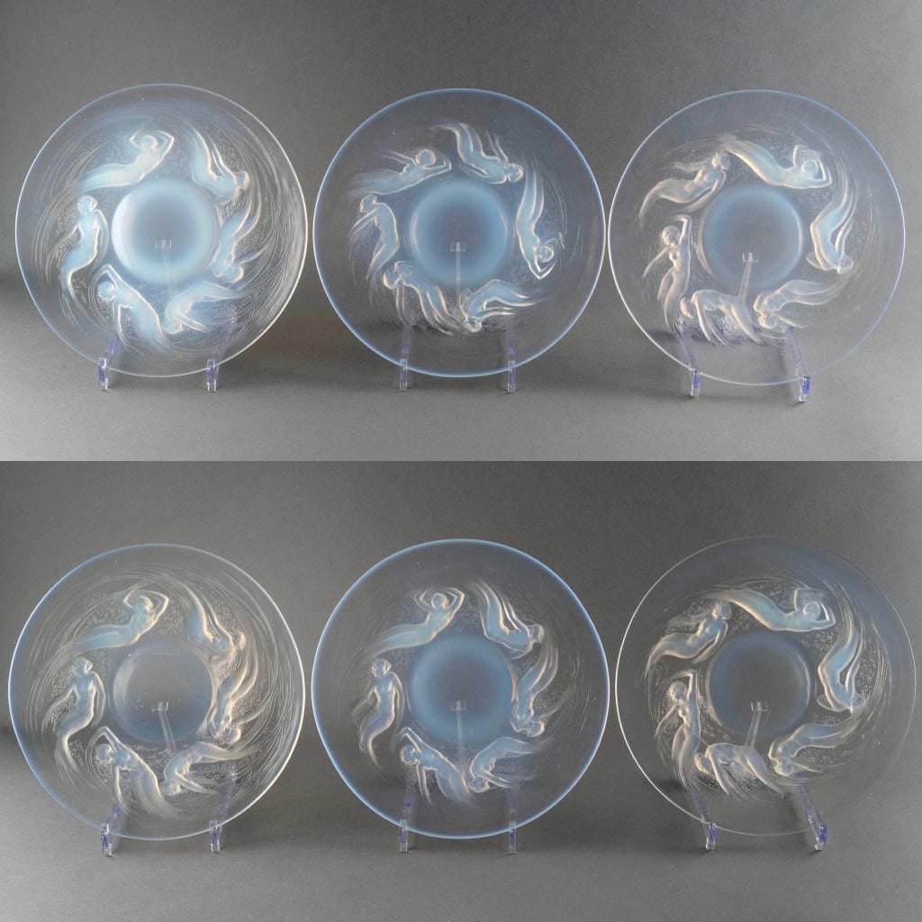 1921 René Lalique – Suite de 6 Assiettes Ondines Verre Opalescent 3