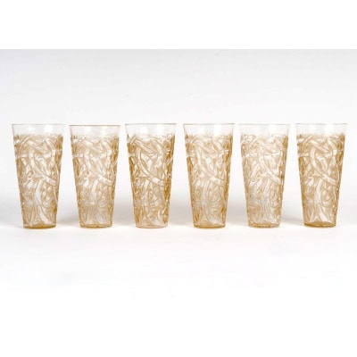 1920 René Lalique – 6 Gobelets Verres à Shot Epines Verre Blanc Patiné Sépia 1920 René Lalique – 6 Gobelets Verres à Shot Epines Verre Blanc Patiné Sépia