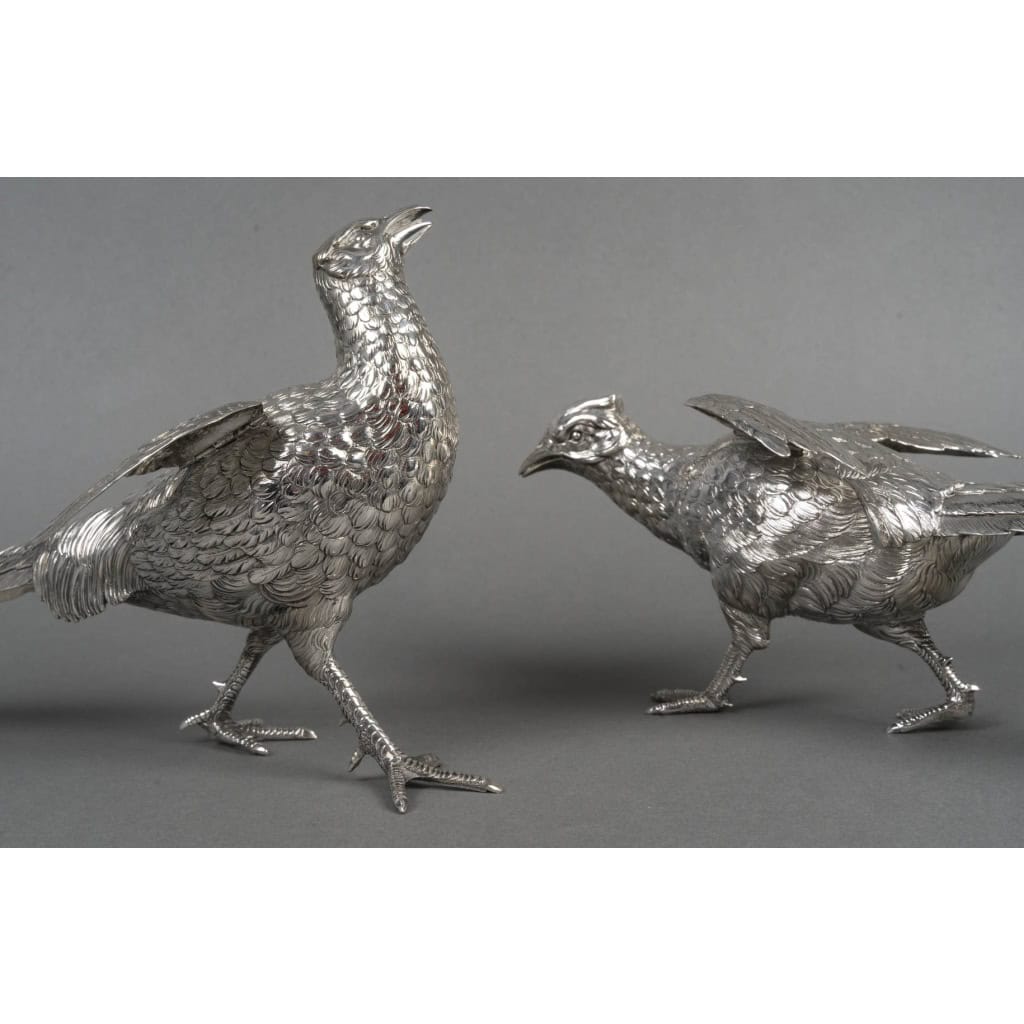 Orfèvre ESCHWEGE – Paire de Faisans en argent massif XXè 18