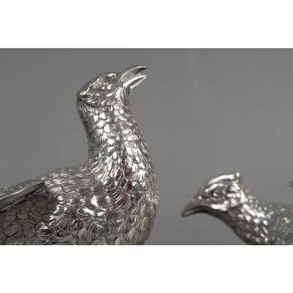 Orfèvre ESCHWEGE – Paire de Faisans en argent massif XXè 19