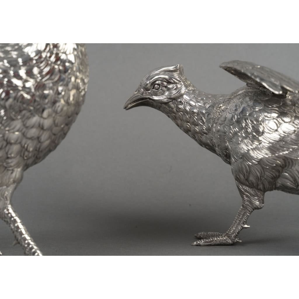 Orfèvre ESCHWEGE – Paire de Faisans en argent massif XXè 20