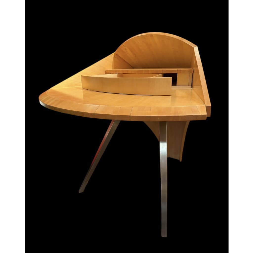 BUREAU architectural Français Design moderniste des années 1950/60 en sycomore ouvrant par un tiroir central Pièce unique 16