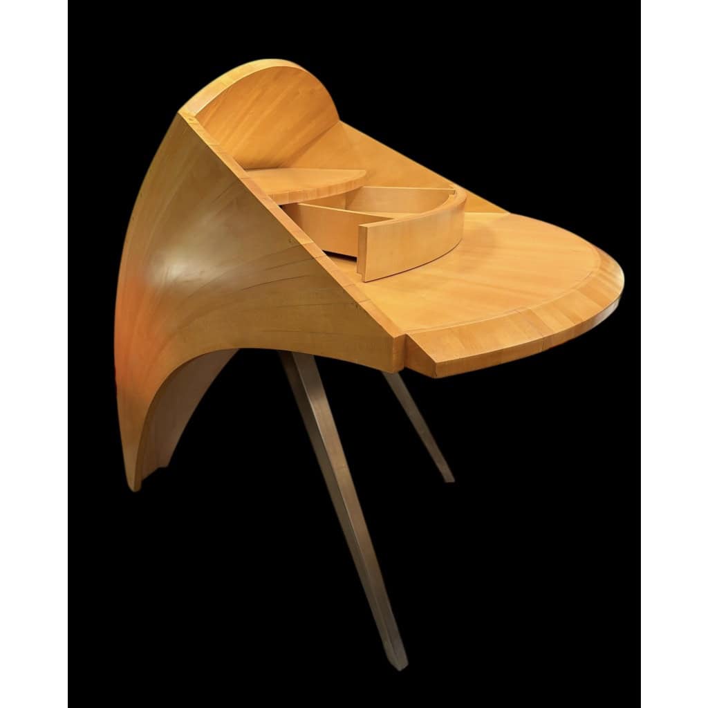 BUREAU architectural Français Design moderniste des années 1950/60 en sycomore ouvrant par un tiroir central Pièce unique 7