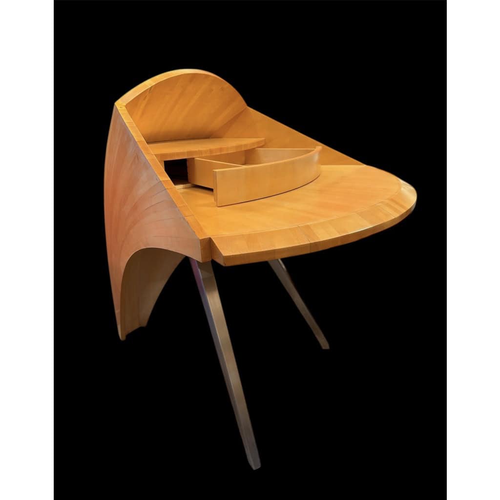 BUREAU architectural Français Design moderniste des années 1950/60 en sycomore ouvrant par un tiroir central Pièce unique 21