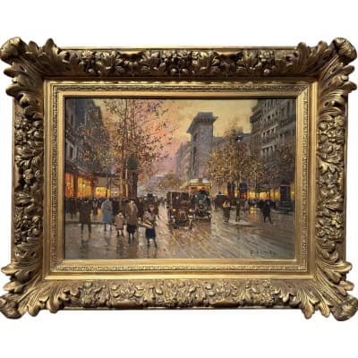 CORTES Edouard Paris Les Grands Boulevards la porte St Denis au crépuscule Huile sur toile signée Certificat du Comité CORTES Edouard Paris Les Grands Boulevards la porte St Denis au crépuscule Huile sur toile signée Certificat du Comité