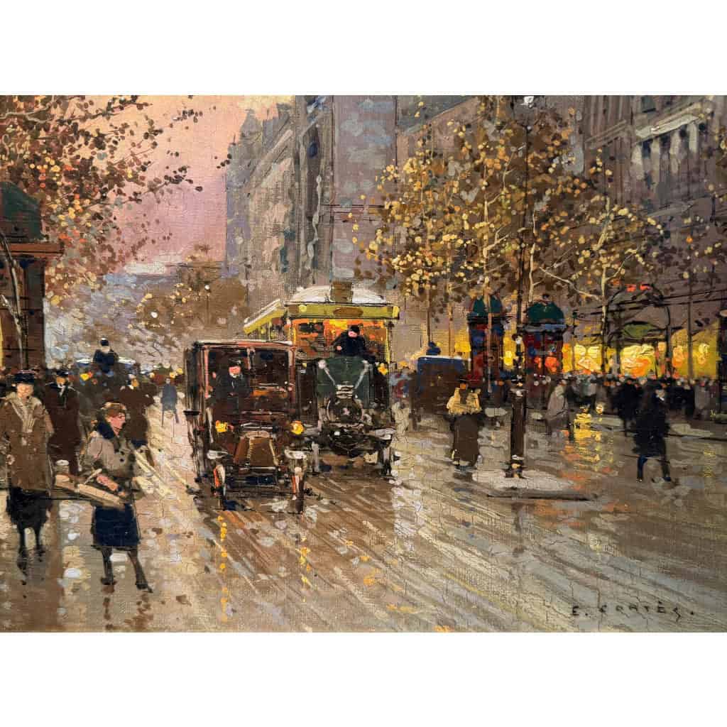 CORTES Edouard Paris Les Grands Boulevards la porte St Denis au crépuscule Huile sur toile signée Certificat du Comité 5 CORTES Edouard Paris Les Grands Boulevards la porte St Denis au crépuscule Huile sur toile signée Certificat du Comité 5