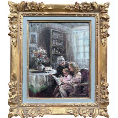 HERVE Jules Peinture impressionniste 20è L&rsquo;apprentissage de la lecture Huile sur Toile Signée Certificat D’authenticité