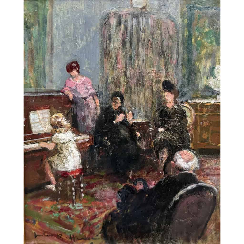 HERVE Jules Peinture impressionniste 20è Le récital Huile sur Toile Signée Certificat D’authenticité 8