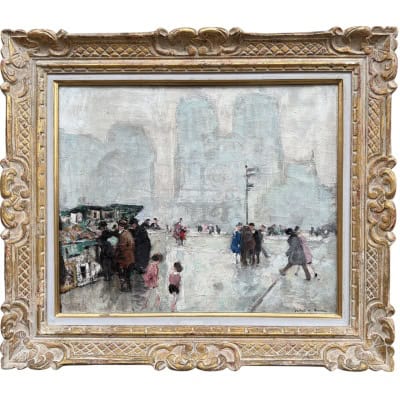 HERVE Jules Peinture impressionniste 20è Paris Les bouquinistes devant Notre Dame Huile sur Toile Signée Certificat 3