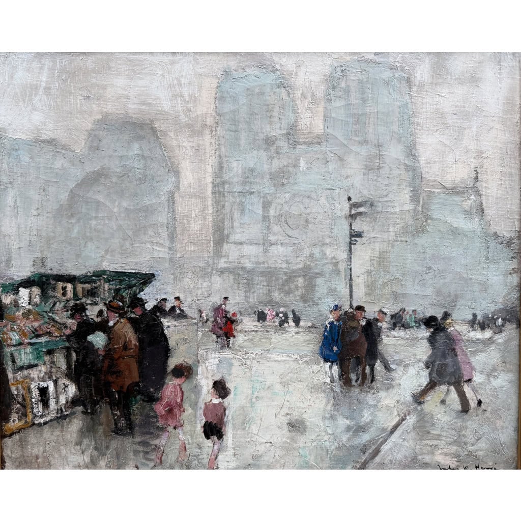 HERVE Jules Peinture impressionniste 20è Paris Les bouquinistes devant Notre Dame Huile sur Toile Signée Certificat 9 HERVE Jules Peinture impressionniste 20è Paris Les bouquinistes devant Notre Dame Huile sur Toile Signée Certificat 9