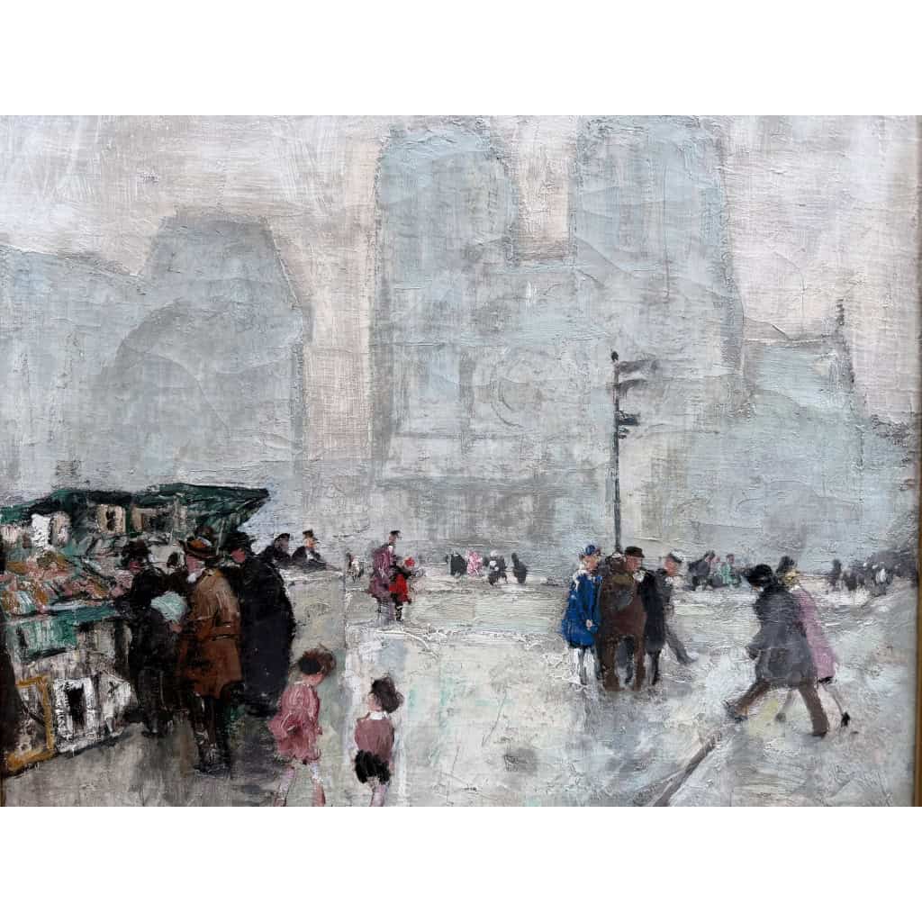 HERVE Jules Peinture impressionniste 20è Paris Les bouquinistes devant Notre Dame Huile sur Toile Signée Certificat 5 HERVE Jules Peinture impressionniste 20è Paris Les bouquinistes devant Notre Dame Huile sur Toile Signée Certificat 5