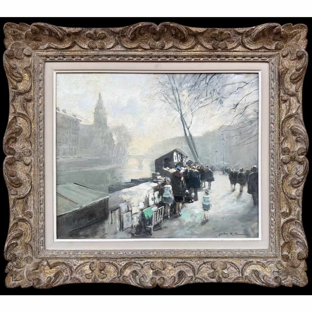 HERVE Jules Peinture Française 20è Paris La Seine et ses bouquinistes Huile sur Toile Signée Certificat d&rsquo;authenticité 11