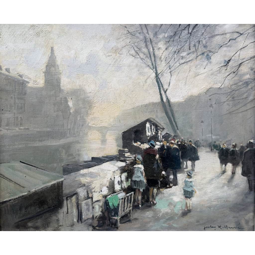 HERVE Jules Peinture Française 20è Paris La Seine et ses bouquinistes Huile sur Toile Signée Certificat d&rsquo;authenticité 9
