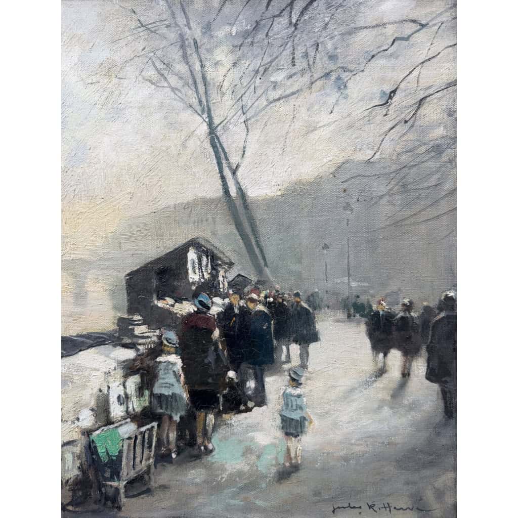 HERVE Jules Peinture Française 20è Paris La Seine et ses bouquinistes Huile sur Toile Signée Certificat d&rsquo;authenticité 5