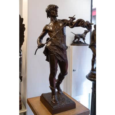 Sculpture – Le Charmeur De Serpent , Eugène Marioton (1857-1933) – Bronze