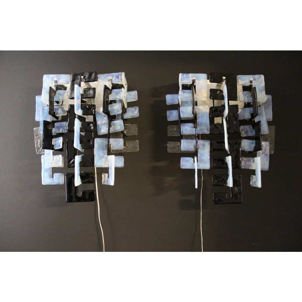 Paire d&rsquo;appliques Carlo Nasonmoderne en verre de Murano noir,irisé et cristal pour Mazzega 4