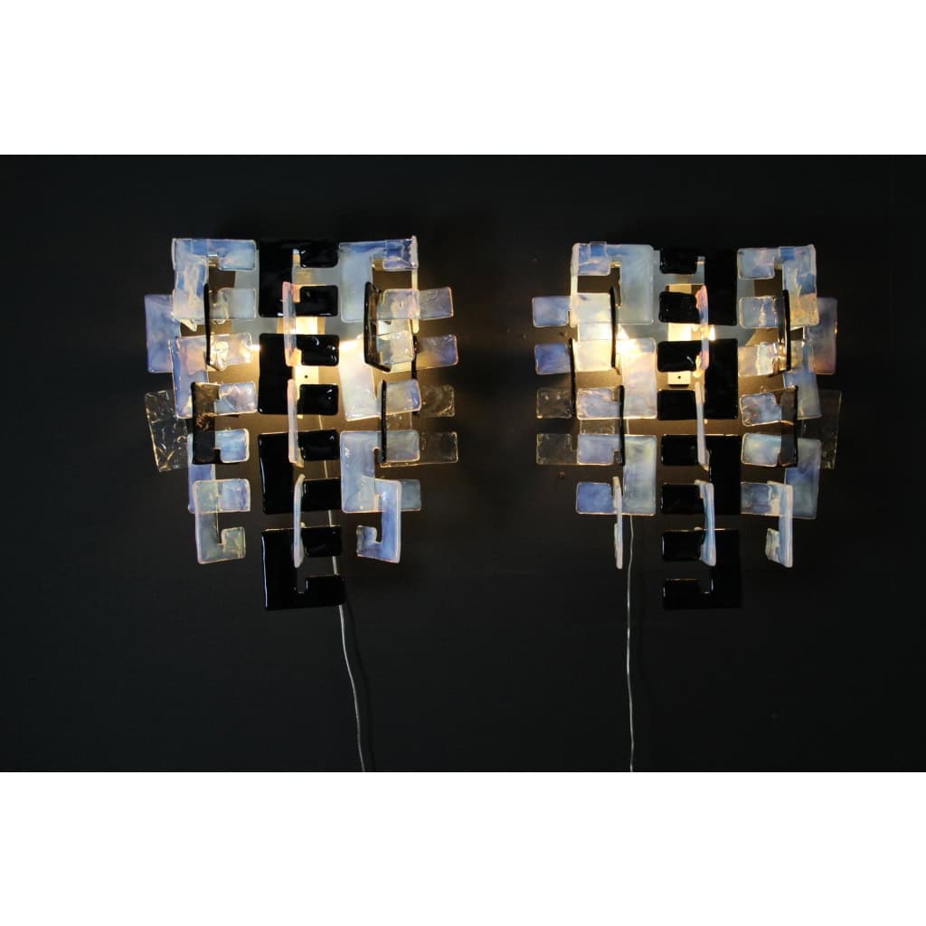 Paire d&rsquo;appliques Carlo Nasonmoderne en verre de Murano noir,irisé et cristal pour Mazzega 19