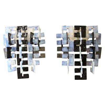 Paire d&rsquo;appliques Carlo Nasonmoderne en verre de Murano noir,irisé et cristal pour Mazzega