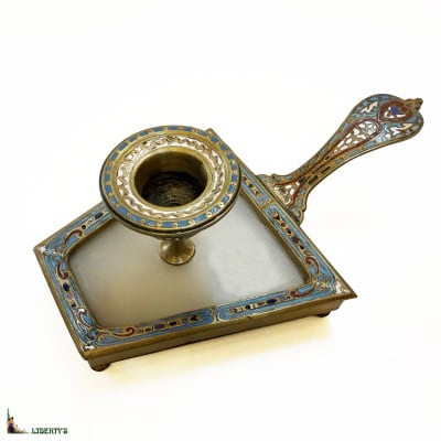 Bougeoir à main émail cloisonné et onyx, larg. 17 cm, (Fin.XIXe)