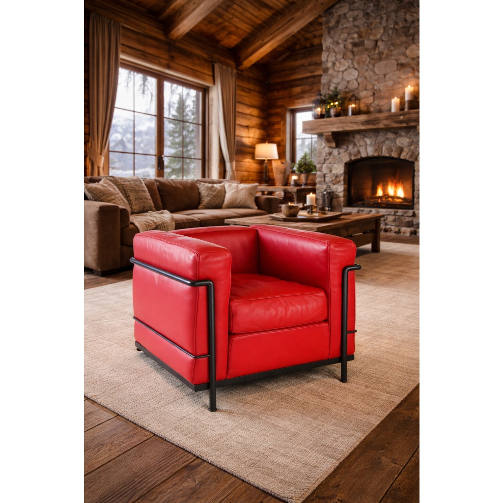 LE CORBUSIER ET PIERRE JEANNERET : Fauteuil « LC2 » cuir rouge 17