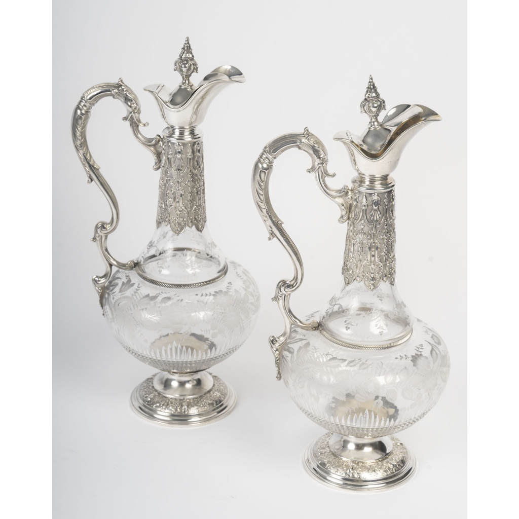ARMAND GROSS – Paire d&rsquo;aiguières en cristal et argent massif fin XIXe 15
