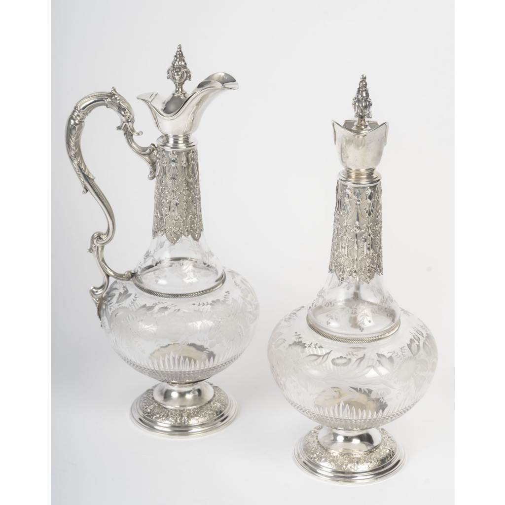 ARMAND GROSS – Paire d&rsquo;aiguières en cristal et argent massif fin XIXe 18