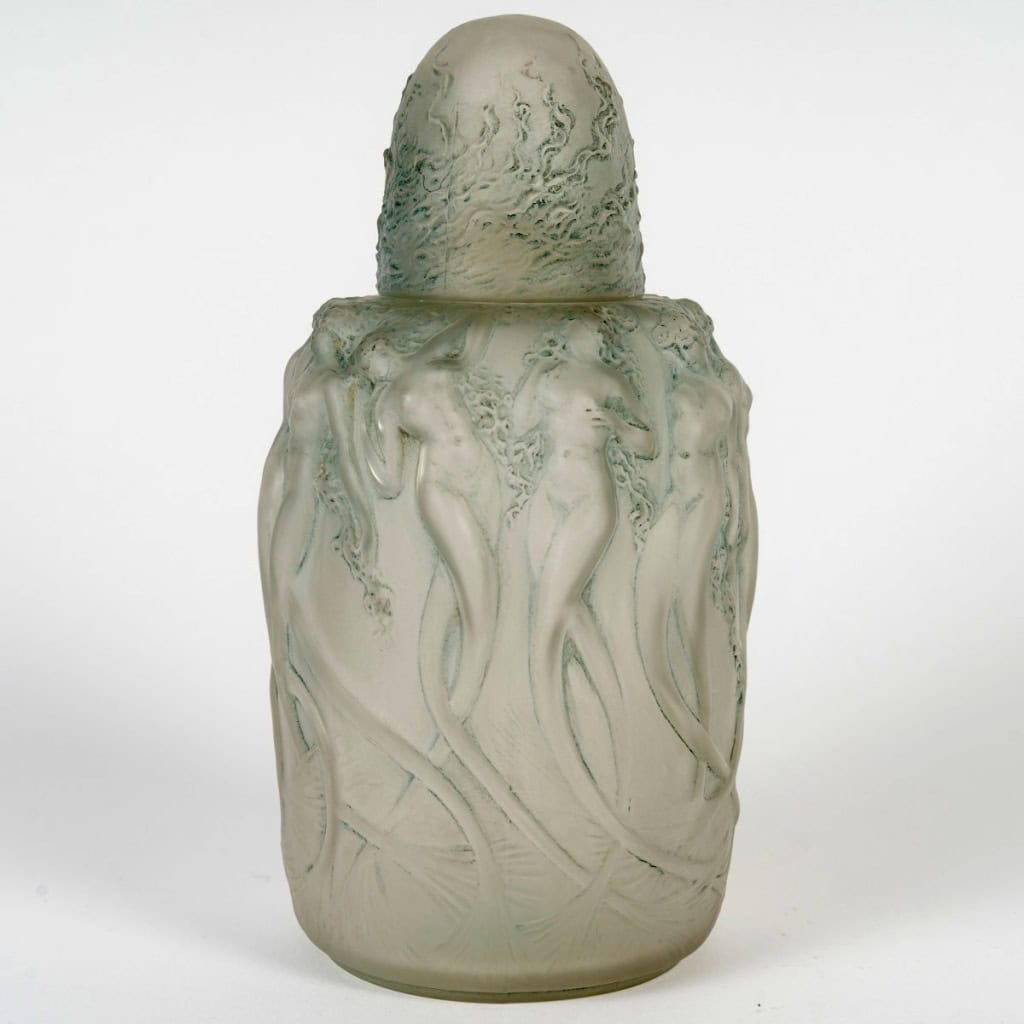 1920 René Lalique – Brûle Parfums Sirènes Verre Blanc Patiné Bleu 4