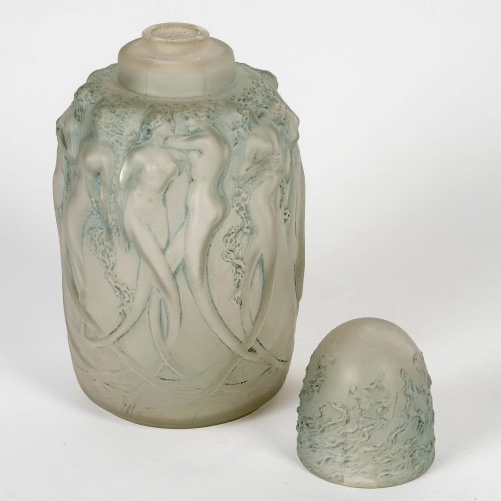 1920 René Lalique – Brûle Parfums Sirènes Verre Blanc Patiné Bleu 6