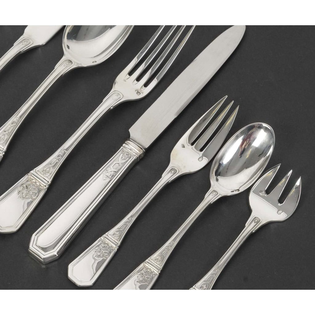 JEAN TETARD – C. CHRISTOFLE MENAGERE 144 PIECES « AUBUSSON » ARGENT MASSIF Epoque 1930 5