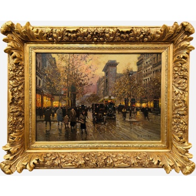 CORTES Edouard Paris Les Grands Boulevards la porte St Denis au crépuscule Huile sur toile signée Certificat du Comité 3