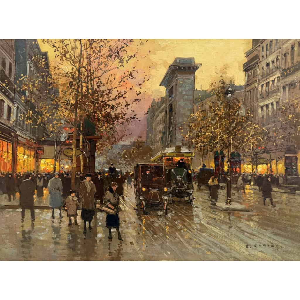 CORTES Edouard Paris Les Grands Boulevards la porte St Denis au crépuscule Huile sur toile signée Certificat du Comité 9