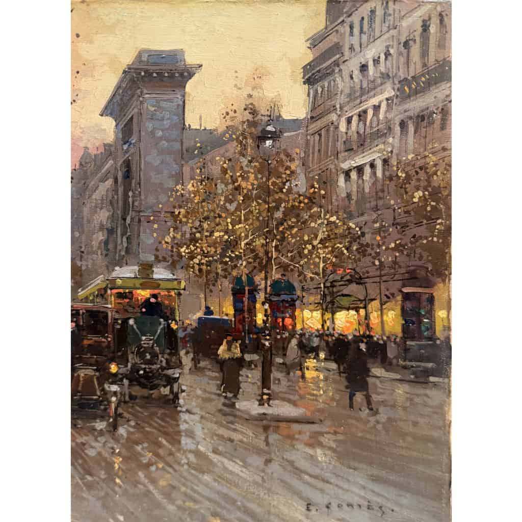 CORTES Edouard Paris Les Grands Boulevards la porte St Denis au crépuscule Huile sur toile signée Certificat du Comité 4