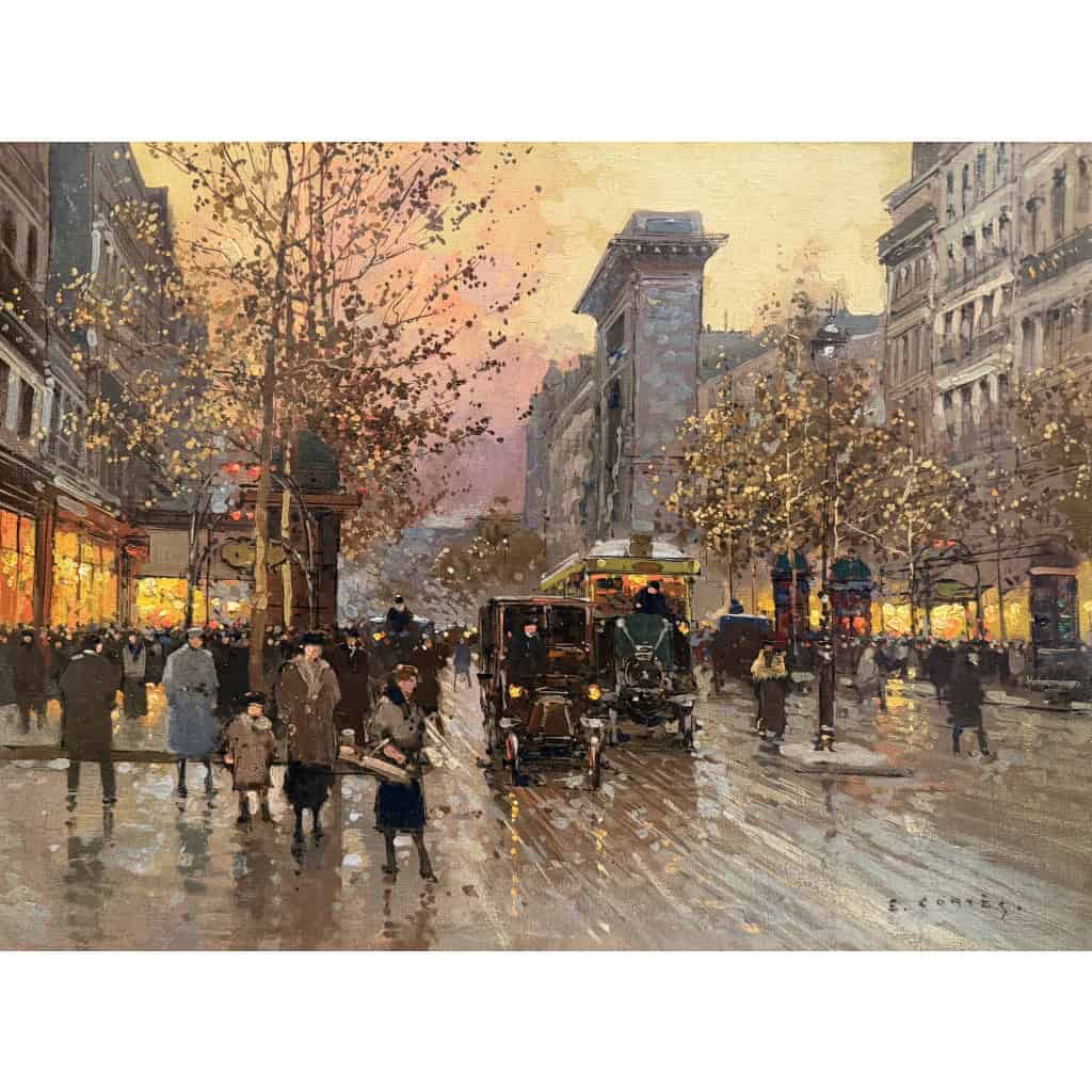 CORTES Edouard Paris Les Grands Boulevards la porte St Denis au crépuscule Huile sur toile signée Certificat du Comité 6