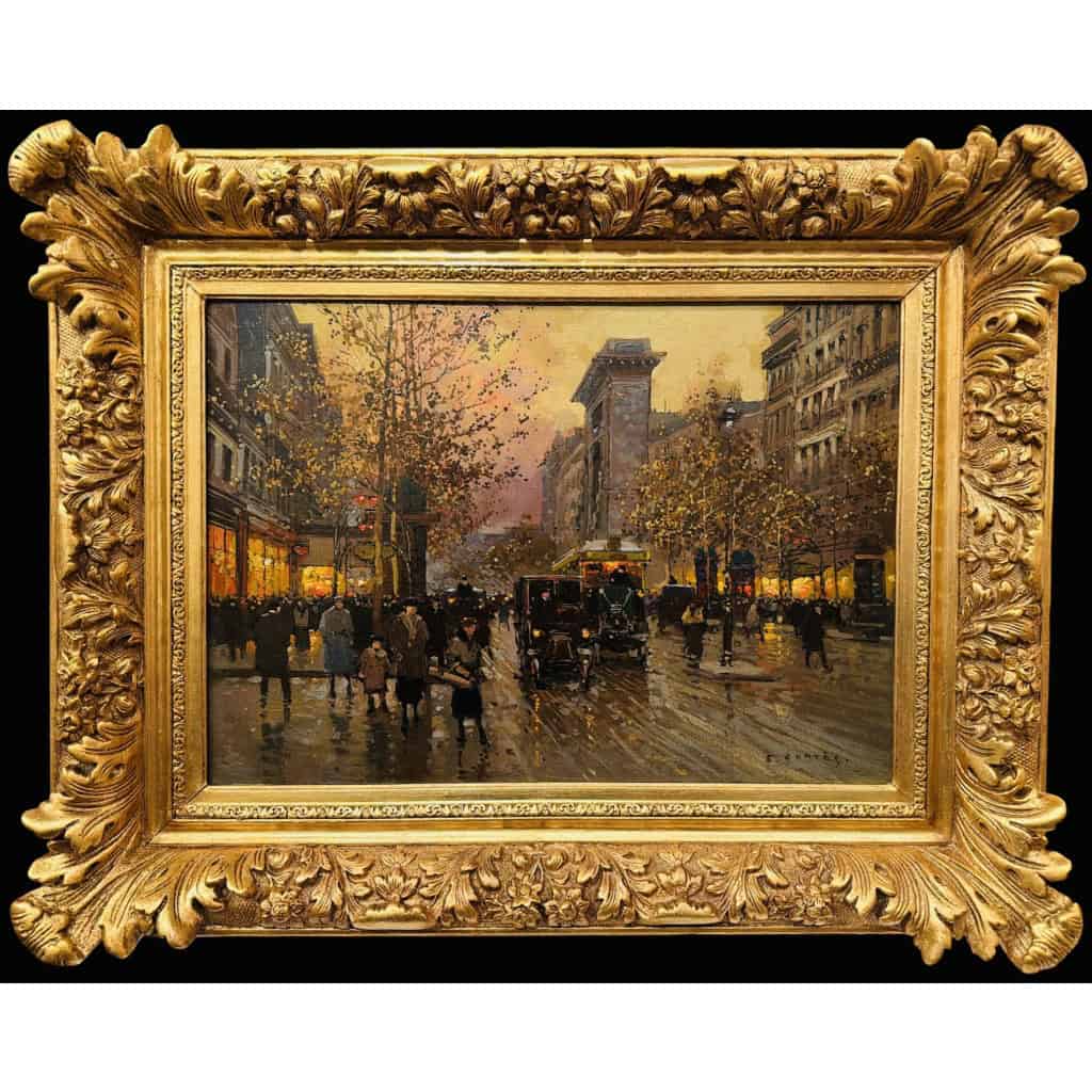 CORTES Edouard Paris Les Grands Boulevards la porte St Denis au crépuscule Huile sur toile signée Certificat du Comité 11