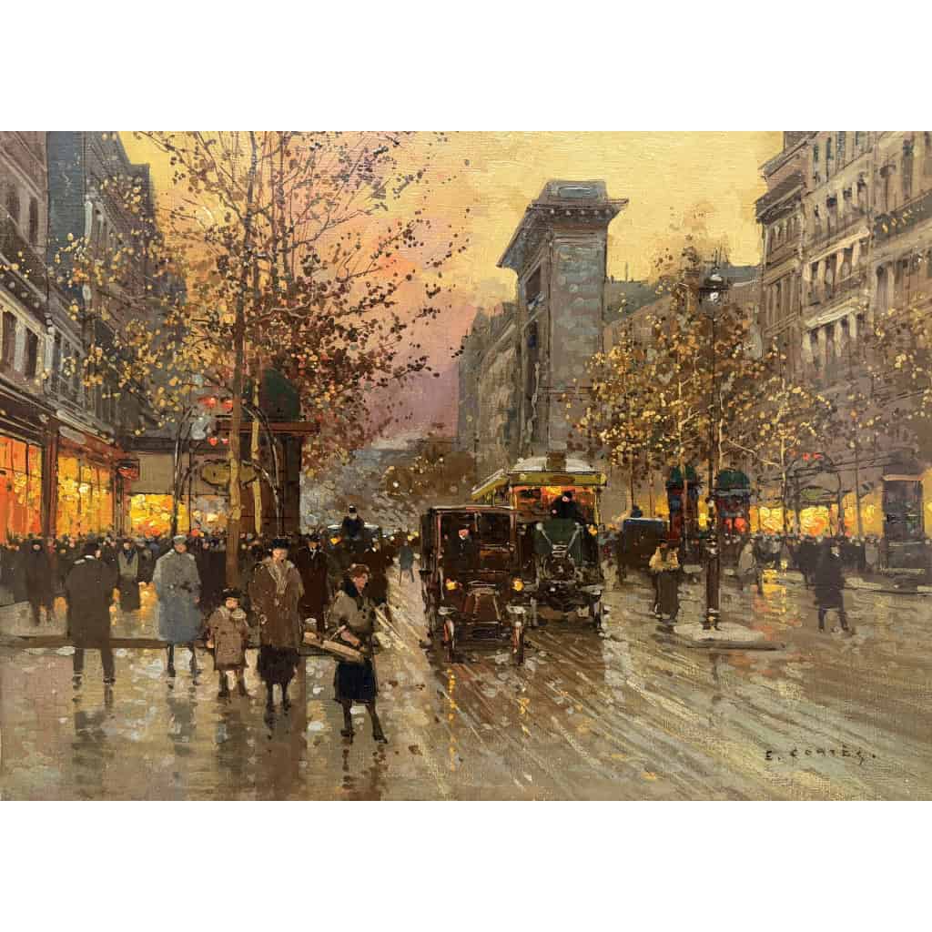 CORTES Edouard Paris Les Grands Boulevards la porte St Denis au crépuscule Huile sur toile signée Certificat du Comité 16