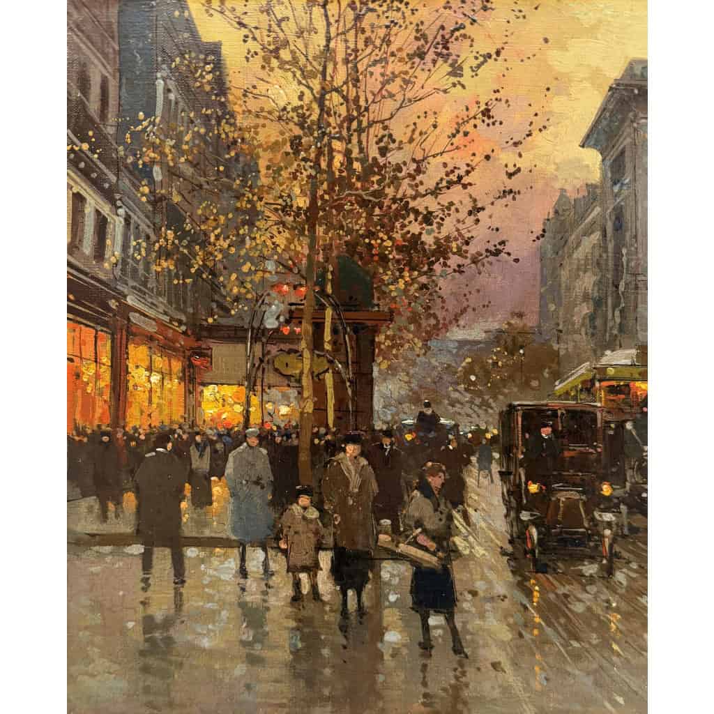 CORTES Edouard Paris Les Grands Boulevards la porte St Denis au crépuscule Huile sur toile signée Certificat du Comité 15