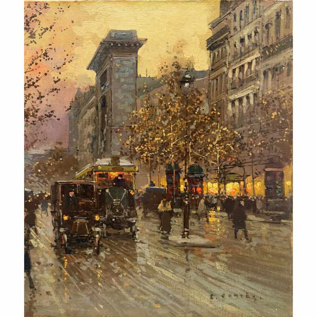CORTES Edouard Paris Les Grands Boulevards la porte St Denis au crépuscule Huile sur toile signée Certificat du Comité 13