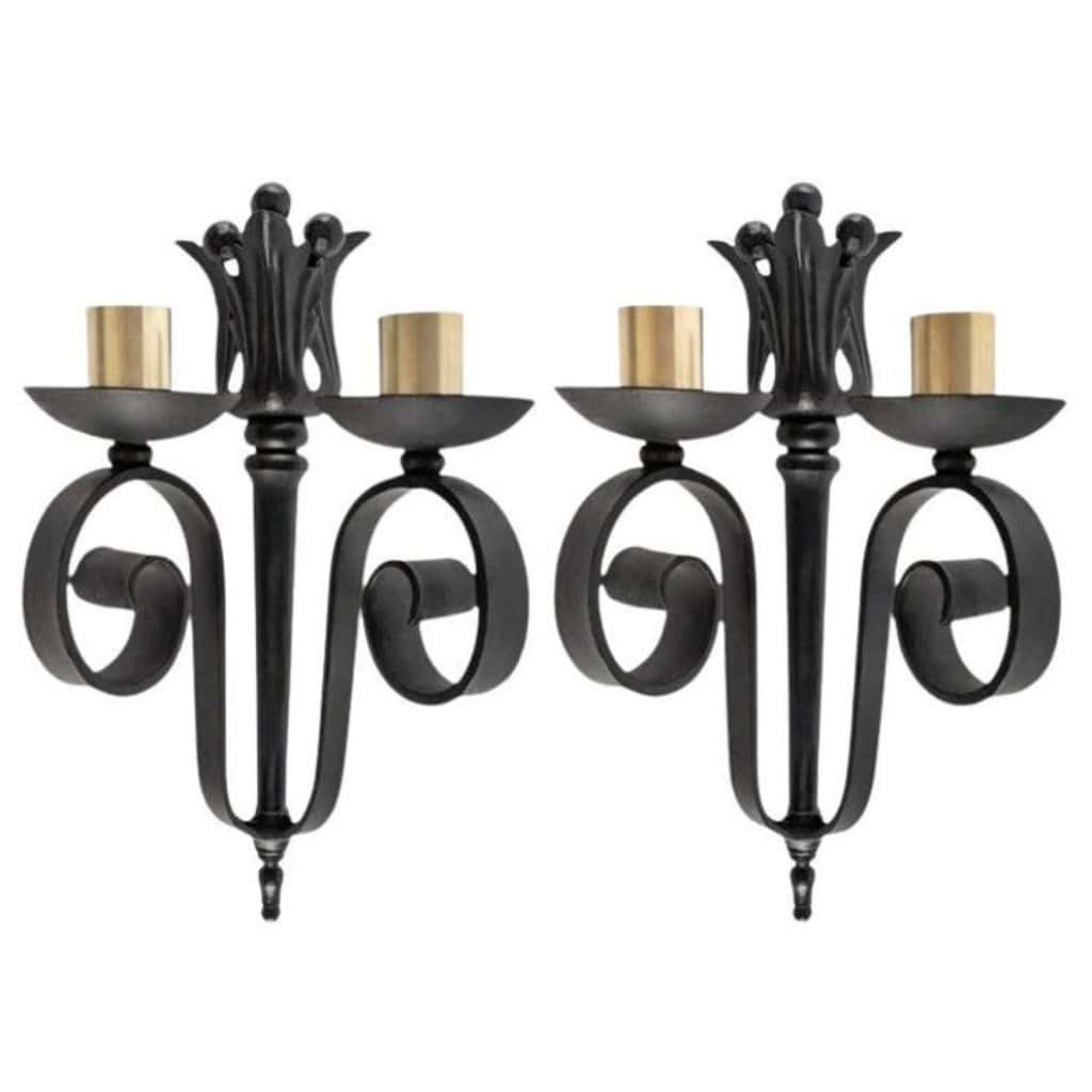 1940 Paire d&rsquo;appliques murales en fer forgé Maison Cheret 3