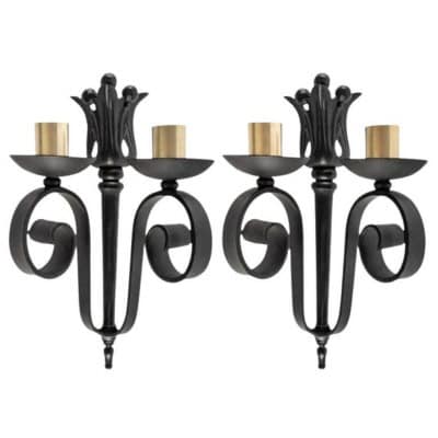 1940 Paire d&rsquo;appliques murales en fer forgé Maison Cheret