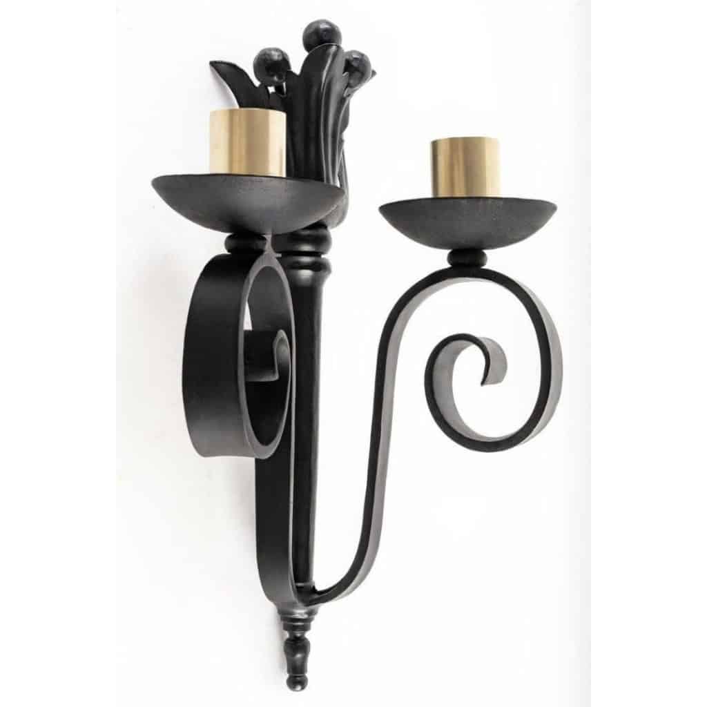 1940 Paire d&rsquo;appliques murales en fer forgé Maison Cheret 4