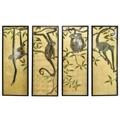 Série de 4 panneaux décoratifs « Singes suspendus aux arbres » signés Série de 4 panneaux décoratifs « Singes suspendus aux arbres » signés