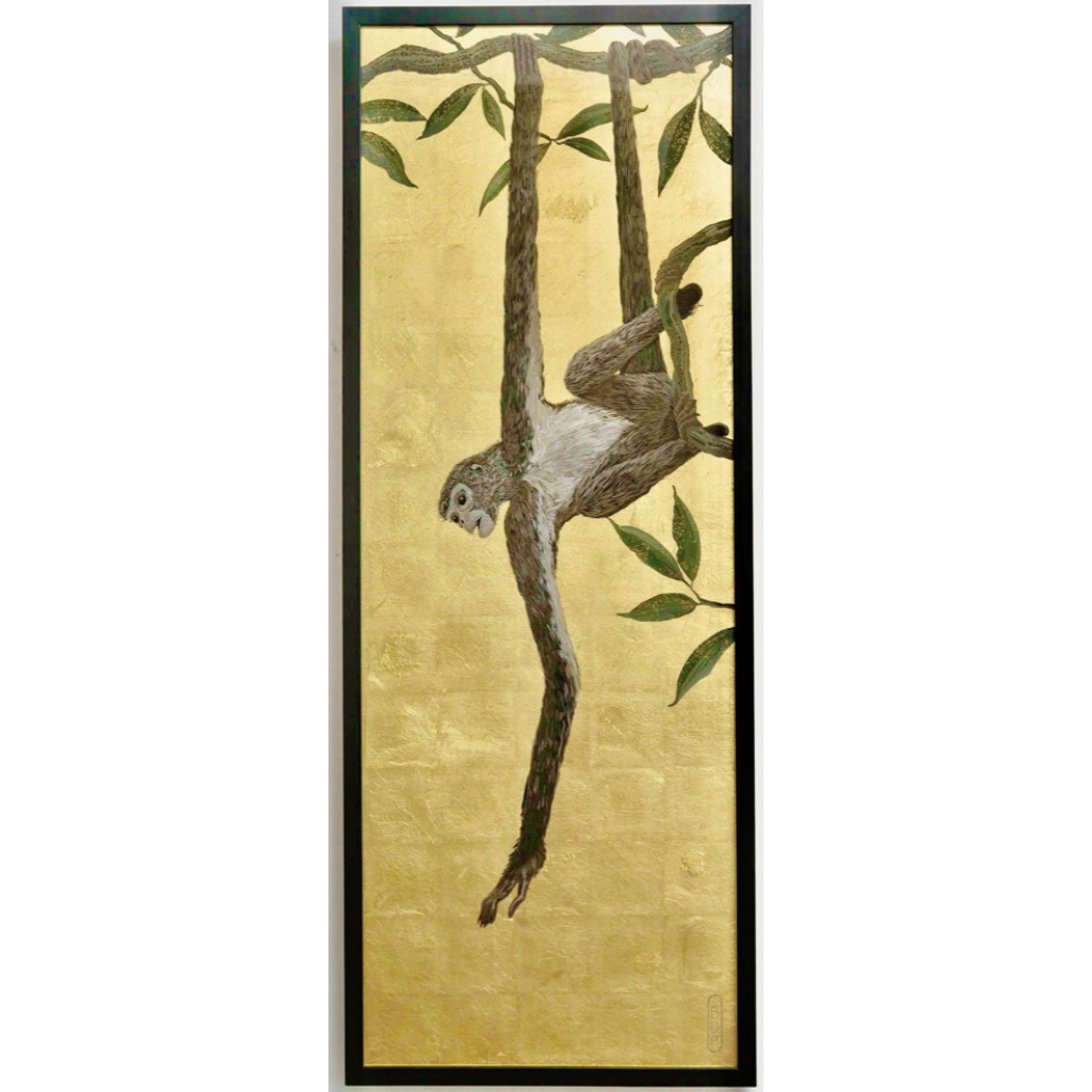 Série de 4 panneaux décoratifs « Singes suspendus aux arbres » signés 4 Série de 4 panneaux décoratifs « Singes suspendus aux arbres » signés 4