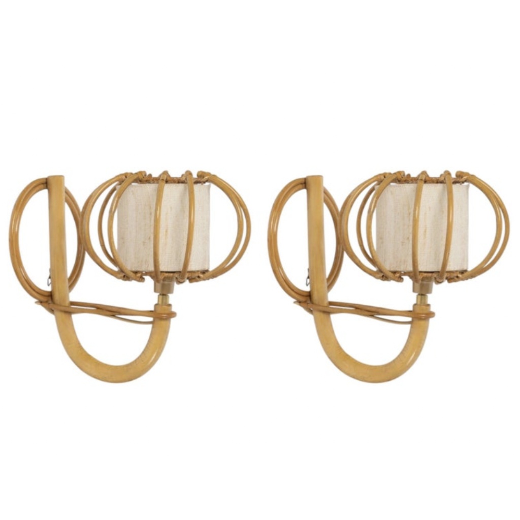 1950 Paire d&rsquo;appliques murales en rotin Louis Sognot 3
