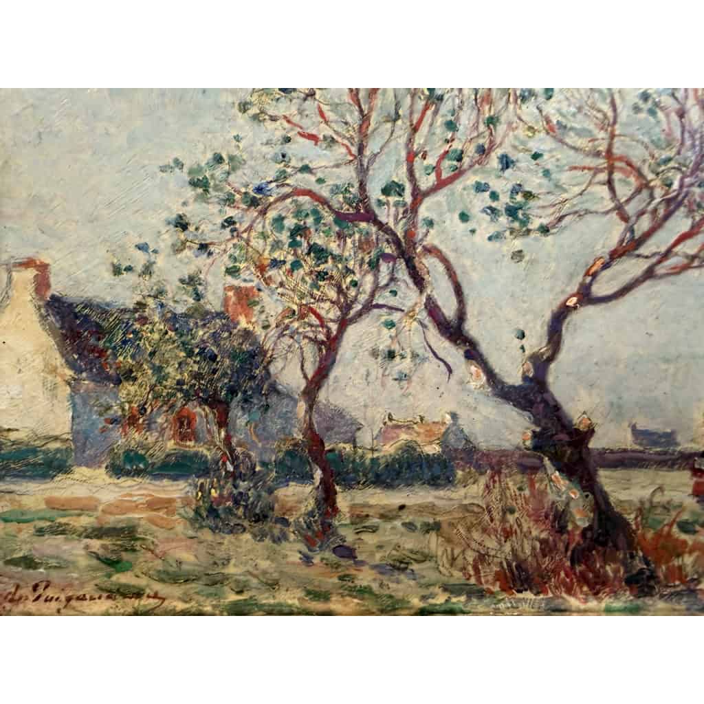 DU PUIGAUDEAU Ferdinand Peinture de bretagne Maisons en Brière Huile signée Certificat d&rsquo;authenticité 14