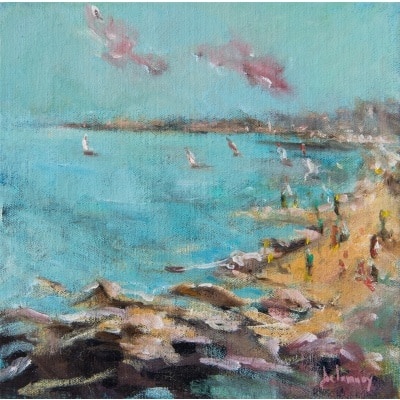 Tableau à l&rsquo;huile intitulé « La mer s&rsquo;éveille, les voiles s&rsquo;effacent » de l&rsquo;artiste peintre Isabelle Delannoy