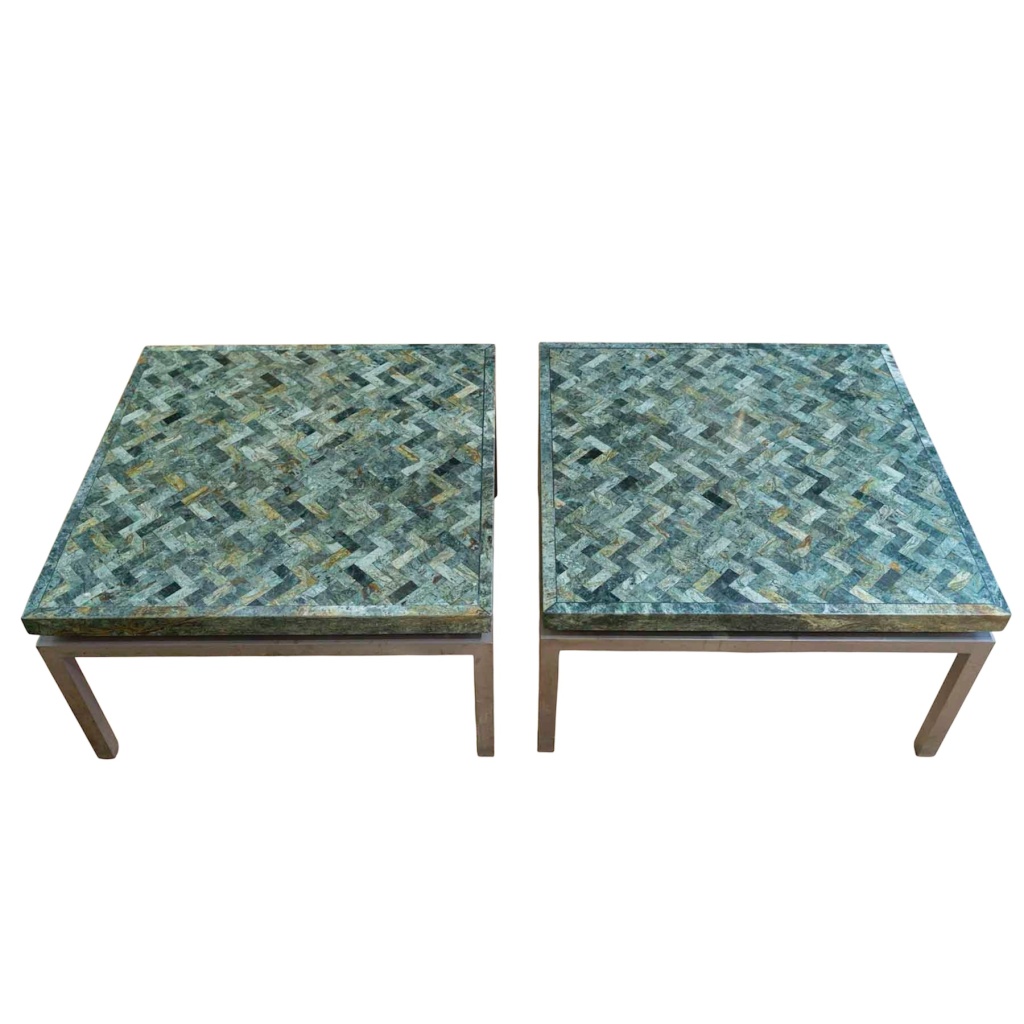 Paire de tables basses en marqueterie de marbre vert, années 1970 4