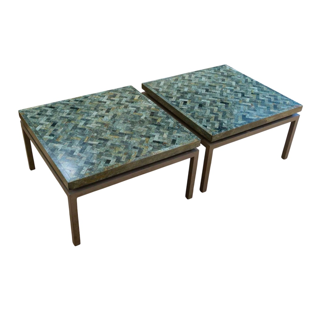 Paire de tables basses en marqueterie de marbre vert, années 1970 9