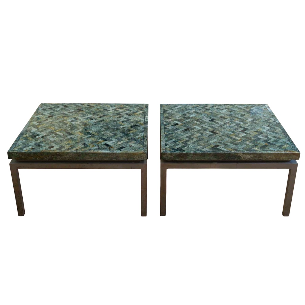 Paire de tables basses en marqueterie de marbre vert, années 1970 8