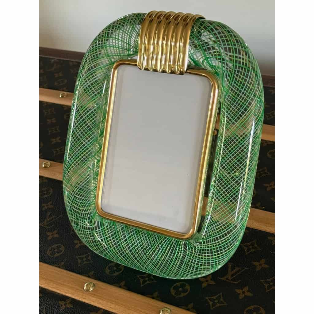 Cadre photo en verre de Murano filigrané vert et jaune 8 Cadre photo en verre de Murano filigrané vert et jaune 8