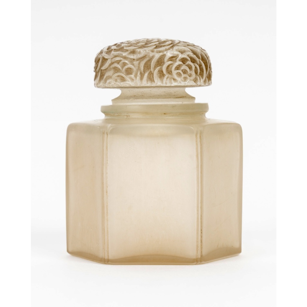 1913 René Lalique – Boîte Pot à Crème Chrysanthème Verre Blanc Patiné Sépia 3